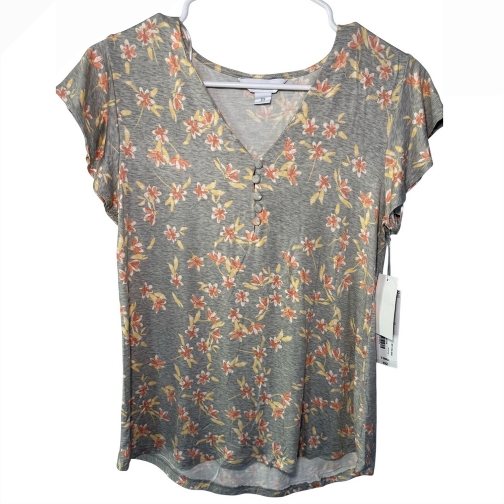 Liz Claiborne Womens Grey Floral Henley V-Neck Flutter Sleeve Top XS New